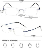 KOOSUFA Frameless Reading Glasses Blue Light Blocking Rimless Readers Lightweight Rectangle Eyeglasses for Men Women