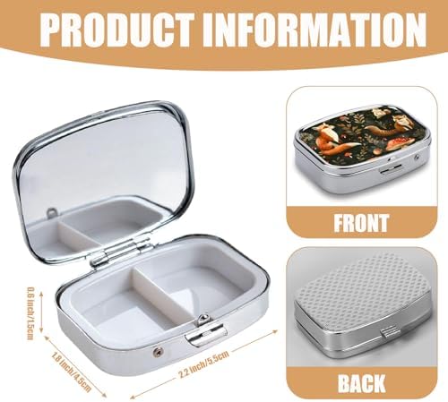 Pill Box-2 Compartment Small Pill Case Square Organizer Case with Mirror Portable Metal Medicine Box Travel Container for Pocket & Purse Women Men（Cute Fox Mushroom）