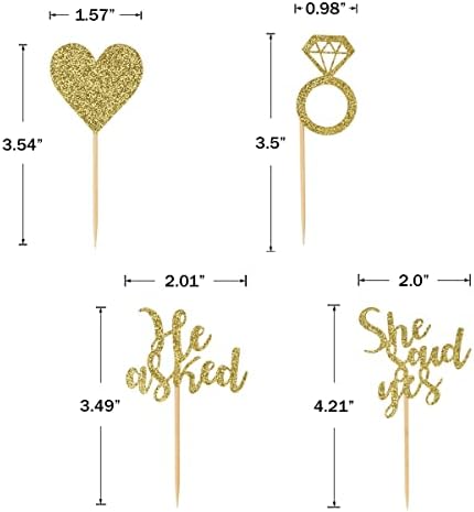 24 Pieces Gold Glitter Engagement Cupcake Toppers He Asked She Said Yes Diamond Ring Heart Cupcake Picks for Wedding Bridal Shower Party Cake Decorations
