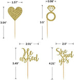 24 Pieces Gold Glitter Engagement Cupcake Toppers He Asked She Said Yes Diamond Ring Heart Cupcake Picks for Wedding Bridal Shower Party Cake Decorations