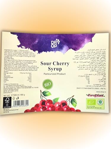 DROP Pure Organic Sour Cherry Flavor Bio Syrup-16.9oz (500ml), Natural 30% Concentrate Fruit Syrups,Great For Cocktails,Bevarages,Coffee,Shaved Ice and Ice-Cream,Gluten-Free, NON-GMO Snow Cone Syrup