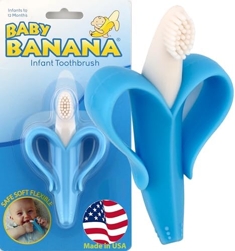 Baby Banana® Blue Teether-Toothbrush, Infant to Toddler, Made in USA, Butter-Soft Bristles for Gums and Teeth, Bendable Food Grade Silicone, Family-Owned Business Since 2009, 11 Million+ Sold.