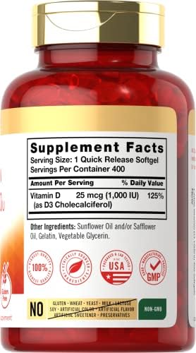 Carlyle Vitamin D3 1000IU | 25 mcg | 400 Softgels | High Potency | Non-GMO & Gluten Free Supplement