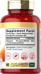 Carlyle Vitamin D3 1000IU | 25 mcg | 400 Softgels | High Potency | Non-GMO & Gluten Free Supplement