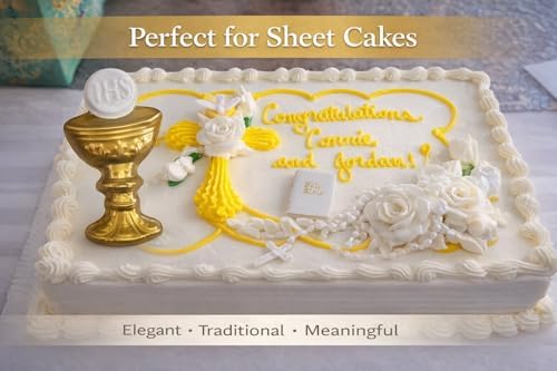 Oasis Supply First Holy Communion Cake Topper Kit – 4-Piece Religious Cake Decoration Set with Chalice & Host, Rosary, Dove and Mini Bible – Food-Safe Plastic Communion Decor