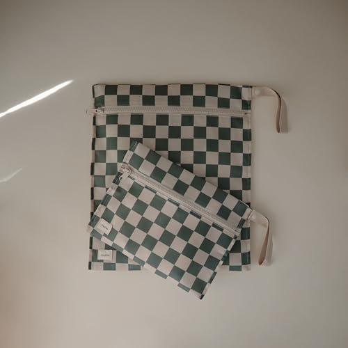 mushie Water Resistant Wet Bags | Large & Small Reusable Storage Bag for Baby Items and Travel | Zippered Pockets with Handle | Machine Washable, Set of 2 (Olive Check)