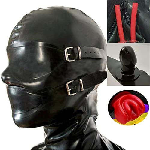 Black Latex Hood Mask with Removable Blindfold and Mouth Piece Gag Nose Nasal Tube Back Zipper Open Eyes Mouth Nose