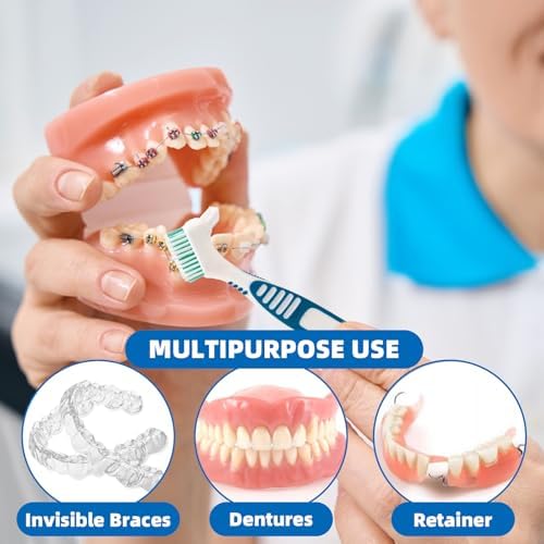 Denture Cleaner Box and Brush Set - 2 Pack Denture Bath Case with Basket + 2 Pack Denture Brush, Portable Denture Retainer Storage Box, False Teeth Brushes for Oral Care (Green and Dark blue)