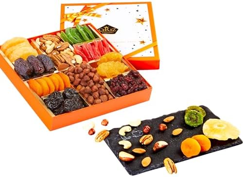 Cerez Pazari Dried Fruit and Nuts Gift Basket, Gourmet Holiday Gift Box Variety Of 10, Healthy Party Snack, Elegant Orange Box, 1.43 lbs