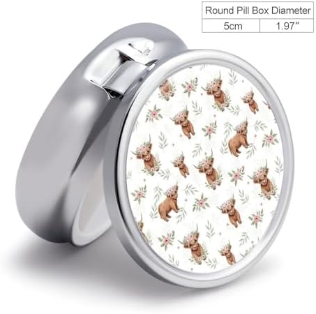 Purse Pill Organizer, Cute Farm Animal Highland Cow Print Cute Round Box, Compact Case for Vitamins, Travel Dispenser Pocket Carry for Her
