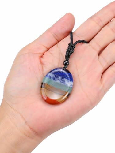 Jovivi Natural 7 Chakras Healing Crystals Necklace Oval Gemstone Palm Worry Stone Chakra Pendant Necklace for Anxiety Stress Relief Balancing Meditation