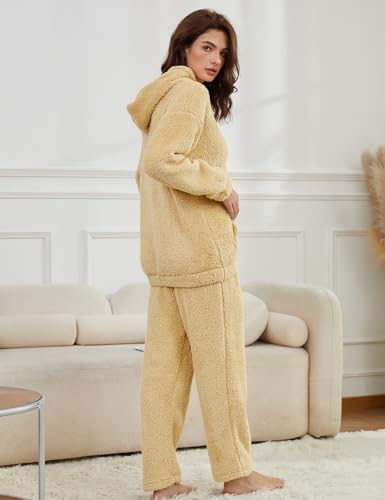 Wyeysyt Women's Fleece Pajamas Sets Fuzzy Loungewear Long Sleeve Casual Hoodies and Pants Fluffy 2 Piece Set Sleepwear