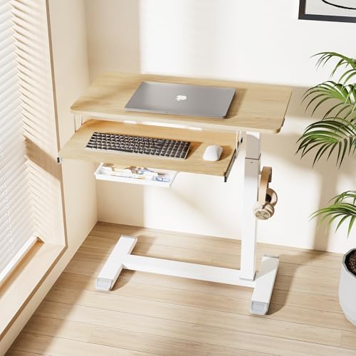 ETHU Overbed Table with Wheels, Medical Table with Drawer, Hospital Bed Table, Workstation Desk, Adjustable Overbed Bedside Rolling Laptop Desk, Oak