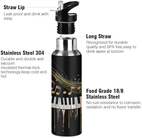 Music Theme Water Bottle Vacuum Insulated Stainless Steel Piano Keyboard Music Notes Mug Kids Water Bottle with Straw and Handle Keep Hot Cold Sport Bike Fit Travel Outdoor 20 oz