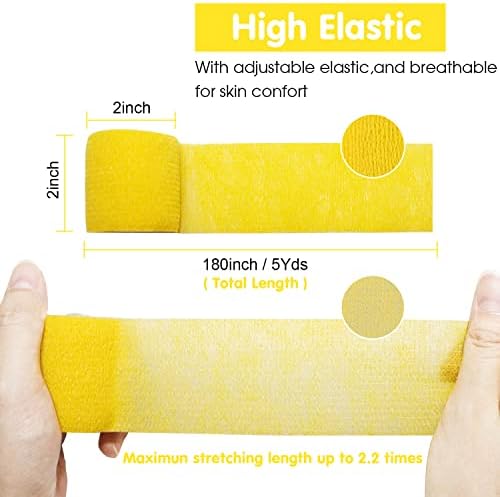 Self Adherent Cohesive Bandage 2"x5 Yards First Aid Bandages Stretch Sport Athletic Wrap Vet Tape for Wrist Ankle Sprain and Swelling,Yellow(12 Rolls)