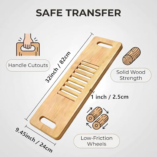 Wooden Transfer Board and Slide Board,Central scrollable,Senior and Handicap Move Assist and Slide Transfers, Holds up to 400 Pounds,2 Cut Out Handles(32x10x1”)