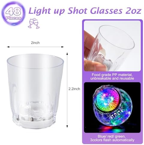 48 Pack Light up Shot Glasses Party Favors LED Flash Light Up Drinking Glasses Adults Shot Cups for Party Glow in the Dark Shot Glasses Supplies for Birthday Christmas Halloween Bar Easter