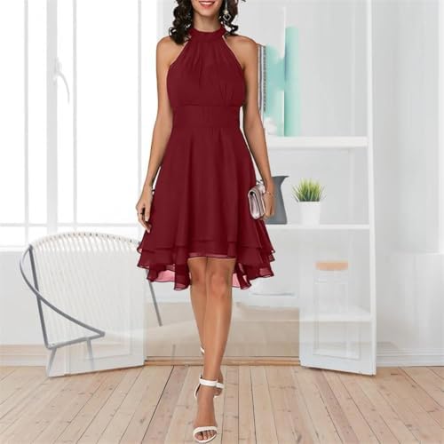 Women High Waist Sleeveless Midi Dress Solid Chiffon Layered Party Slim