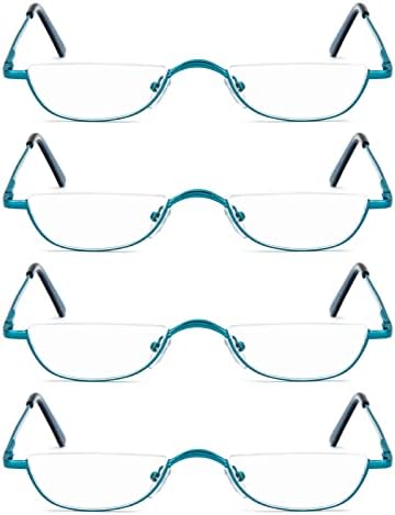 KoKoBin Half Reading Glasses,4 Pack Half Rim Metal Frame Glasses Spring Hinge Readers with Leather Pouch for Men and Women (Blue,1.50)