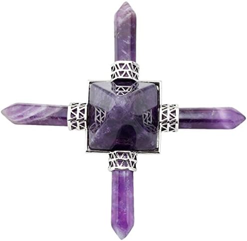 mookaitedecor Healing Crystals Pyramid Quartz Energy Generator with Amethyst 4 Points Pyramid for Meditation Reiki Home Decor