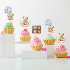 24 PCS Bear Cupcake Toppers, Baby Shower Baby Bear Cake Decorations Little Bear Cupcake Topper for Bear Theme Baby Shower Birthday Supplies (Blue)