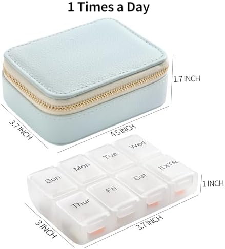 Genuine Leather Travel Pill Organizer Box Case 1 Times a Day for Purse for Women, Cute Medicine Pill Holder Containers for Vitamin Small Weekly Daily 7 Day Am Pm Pill Organizer(Cyan)