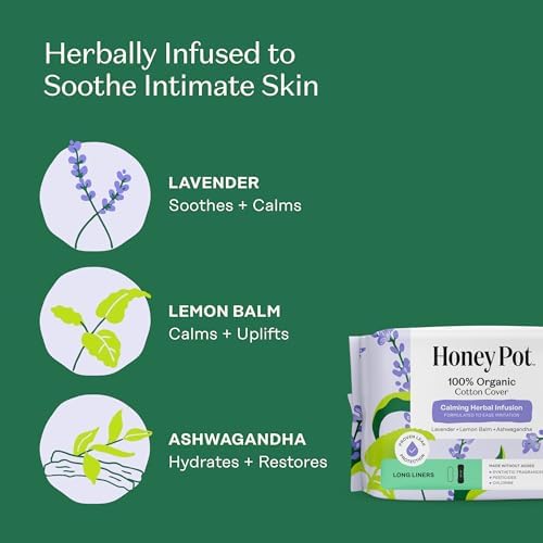 Honey Pot - Calming Long Panty Liners for Women - 100% Organic Cotton Top Sheet - Feminine Care - Non Cooling - Calming Herbs of Lavender, Ashwagandha, & Lemon Balm - 30ct