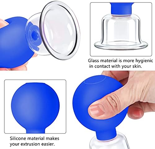 4 Size Facial Cupping Therapy Set Glass, Eye Face Vacuum Massage Anti Cellulite Cup - Silicone Cupping Massage Therapy, for Beauty Body Cup Fascia Massager (Gift Box Packaging-Blue)