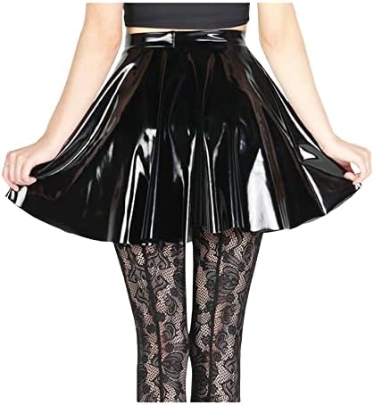 SEMATOMALA Women's PVC PU Leather Short Skater Skirt Black Latex Wet Look Shiny Pleated Flared A Line Mini Skirt Clubwear