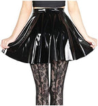 SEMATOMALA Women's PVC PU Leather Short Skater Skirt Black Latex Wet Look Shiny Pleated Flared A Line Mini Skirt Clubwear