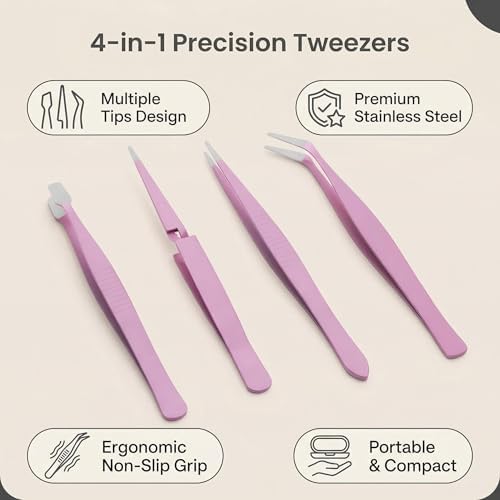 4PCS Pink Sticker Tweezers Set, Cute Craft Tweezers for Stickers, Scrapbooking, Vinyl, Lashes, Electronics