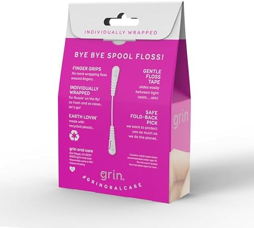 GRIN Gripper Floss, Individually Wrapped Smooth Dental Floss, 60 Count, Minty Flavor, Recyclable Packaging, Gentle Floss Tape, Finger Grips with Safe Fold Back Pick, No Shredding or Breaking