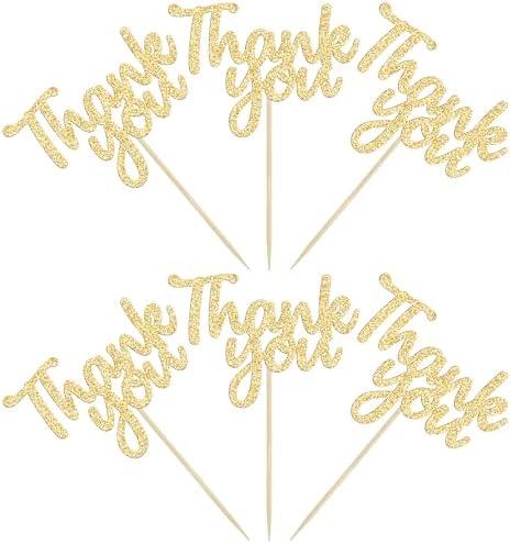 Gyufise 36Pcs Gold Glitter Thank You Cupcake Toppers Thank You Cupcake Picks for Birthday Anniversary Thanksgiving Day Wedding Bridal Party Decoration Supplies