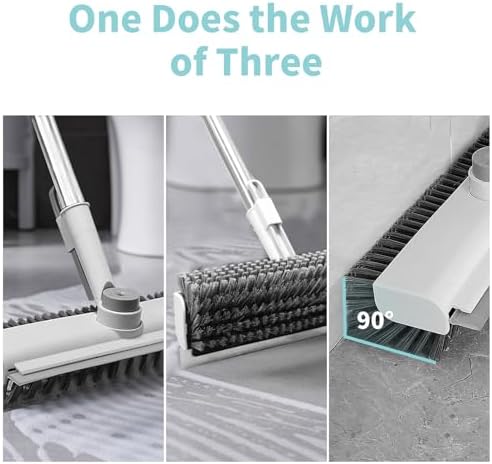 Floor Scrub Brush with Long Handle, 3 in 1 Scrape and Heavy-Duty Stiff Bristle Scrubber Brush for Cleaning Shower Bathroom, Patio, Pool, Garage, Kitchen, Wall and Deck (White, 1 Pack)