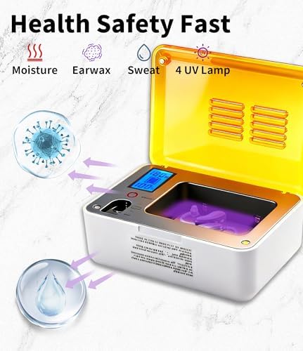 Hearing Aid Dryer Dehumidifier，Hearing Amplifiers Drying Box with 5 Cleaning Kit Removes Moisture, Sweat, and Dust from Earbuds Hearing Aids, 4 Ultraviolet Light, Battery Test. (4UV+Tools)