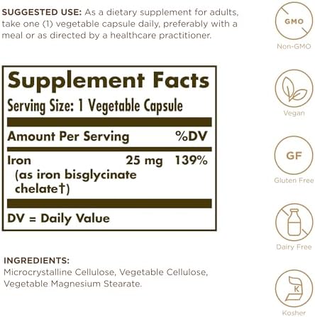 Solgar Gentle Iron (Iron Bisglycinate) 25 mg - 180 Vegetable Capsules - Non-Constipating, Gentle on Your Stomach - Non-GMO, Gluten Free - 180 Servings