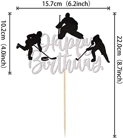 1 PCS Hockey Cake Topper Glitter Happy Birthday Sign Cake Decorations Ice Hockey Player Sports Theme Cake Pick for Hockey Theme Baby Shower Boys Girls Birthday Party Supplies Silver