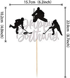 1 PCS Hockey Cake Topper Glitter Happy Birthday Sign Cake Decorations Ice Hockey Player Sports Theme Cake Pick for Hockey Theme Baby Shower Boys Girls Birthday Party Supplies Silver