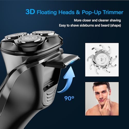 Electric Razor for Men - Phisco Electric Shavers for Man Face, USB Rechargeable, Waterproof Wet Dry Razors with Pop-Up Trimmer, LED Display, Travel Lock