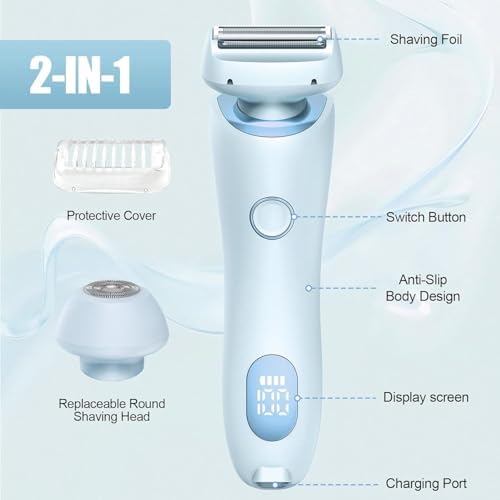 Electric Shaver for Women, 2 in 1 Waterproof Electric Razor, Silk Glide Pro Shaver, Rechargeable Cordless Hair Removal with 2 Removable Heads for Bikini, Leg, Arm, Underarm, Body (Blue)