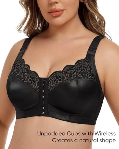 Women's Wireless Bra Front Closure Plus-Size Bras 2 Pack, Lace Full Coverage Comfortable with Wide Strap