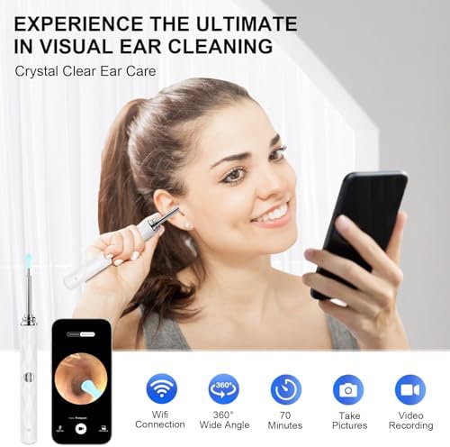 High-Definition Ear Wax Removal, Wireless Ear Cleaner, Safe and Gentle Ear Wax Removal Kit, Rechargeable Ear Cleaner with Camera and Light, Ear Cleaning Kit for Android and iOS (White)