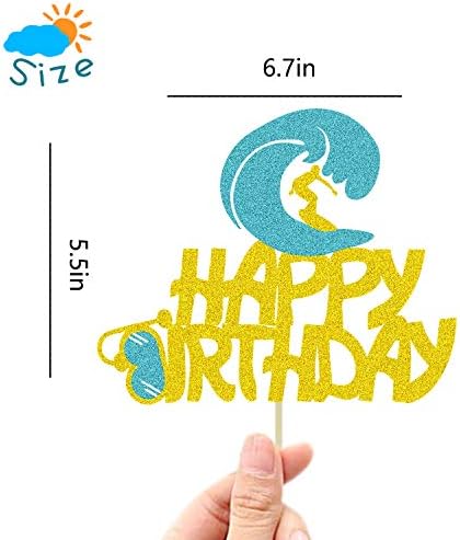 Glitter Double Sided Happy Birthday Surfboard Cake Topper for Hello Summer Themed Beach Surfing Theme Hawaii Party Birthday Cake Decorations