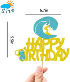 Glitter Double Sided Happy Birthday Surfboard Cake Topper for Hello Summer Themed Beach Surfing Theme Hawaii Party Birthday Cake Decorations