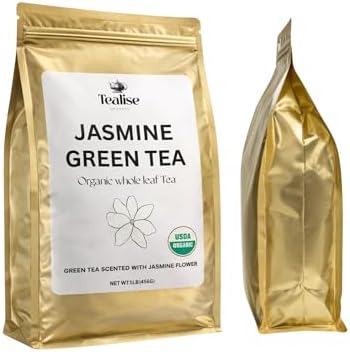 Organic Jasmine Green Tea Loose Leaf Whole Leaf, USDA Organic Smooth Floral Aroma Antioxidant Rich Green Tea 1 lb (456g) About 228 Servings by Tealise