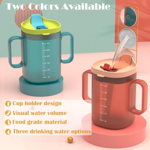 Spill Proof Sippy Cups for Seniors & Adults -10.2oz(300ml) Non-Spill Cups with 2 Handles & Straw Lid, Elderly Drinking Cups for Patients, Disabled, Pregnant Women, Dishwasher Safe (Blue)