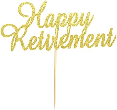 Happy Retirement Cake Topper Retired Cake Pick Retirement Theme Birthday Party Cake Decorations Supplies - Gold Glitter