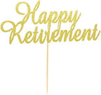 Happy Retirement Cake Topper Retired Cake Pick Retirement Theme Birthday Party Cake Decorations Supplies - Gold Glitter