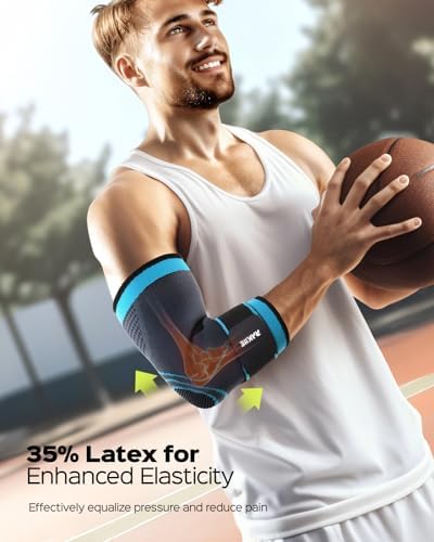 Rakiie Elbow Compression Sleeve 2 Pack, Elbow Brace for Tendonitis and Tennis Elbow, Pain Relief Elbow Brace for Men & Women, Elbow Sleeve Reduce Joint Pain for Tennis, Golfer, Workouts, Blue (M)