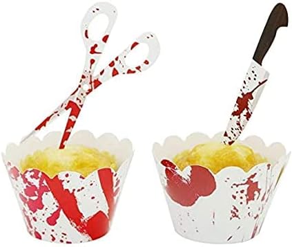Halloween Cupcake Toppers Wrappers, Cake Halloween Decoration Bloodstain Cake Knife Scissors Food Decor Party Supplies (24 sets(48pcs))